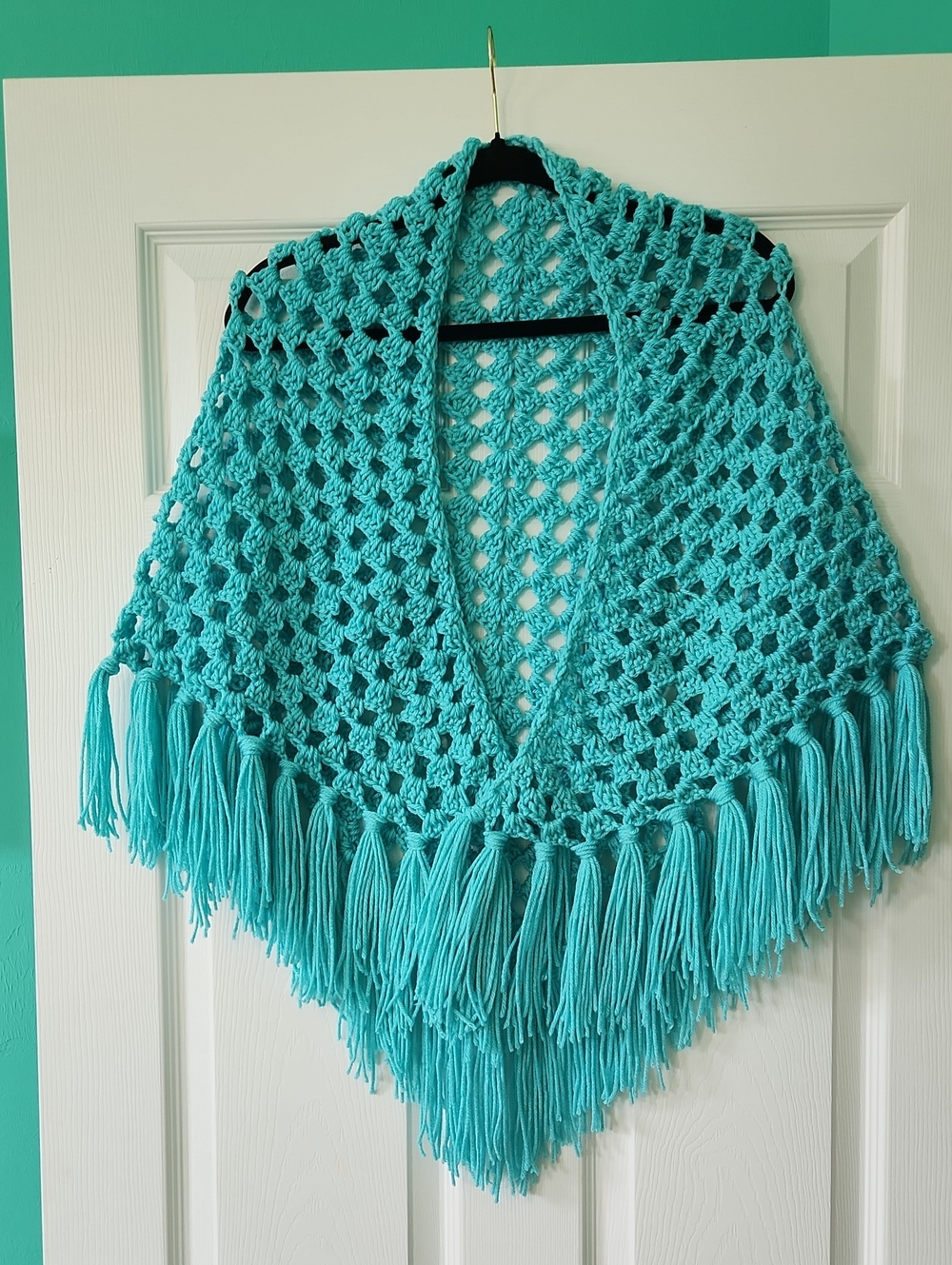 Handmade Crocheted Fringe Shawl in Bright Aqua